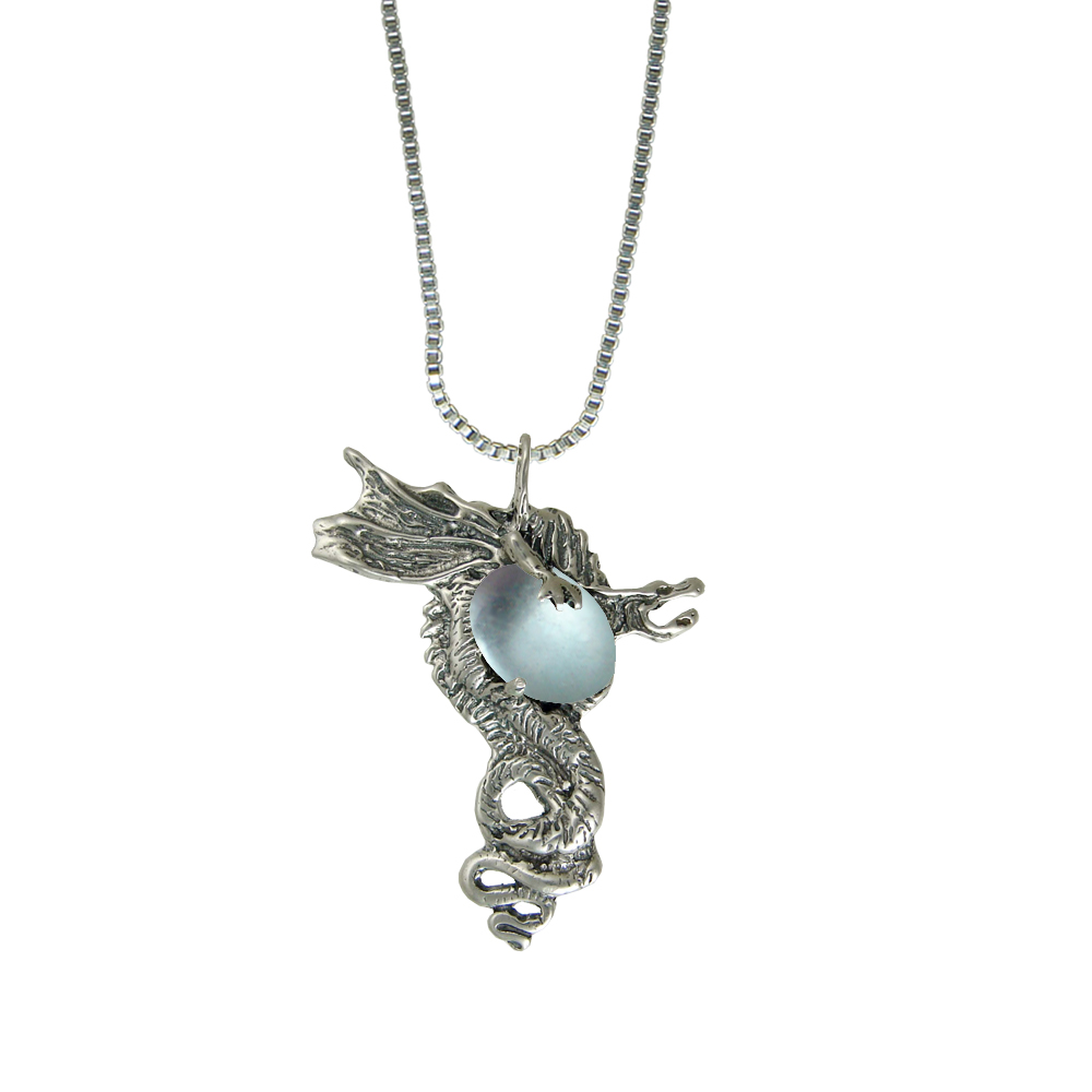 Sterling Silver Warrior Dragon Pendant With Blue Topaz